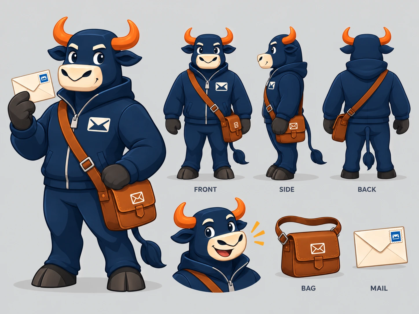 Box Ox character reference showing front, side, and back views, an expression, mail satchel, and envelope