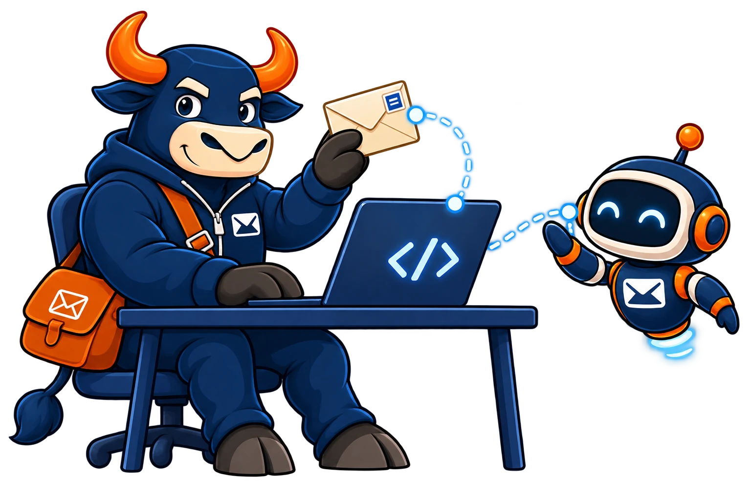Box Ox connecting an envelope, an application laptop, and a small robot assistant