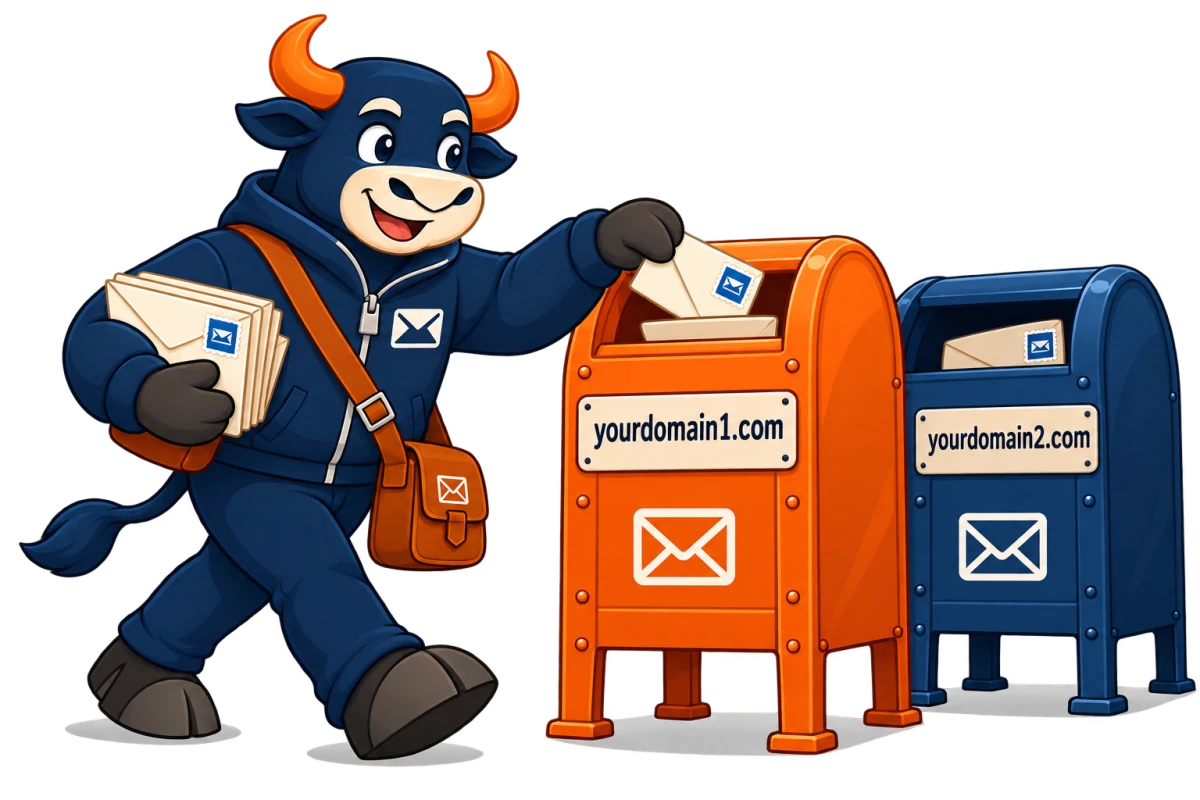Box Ox delivering envelopes into mailboxes for two domains