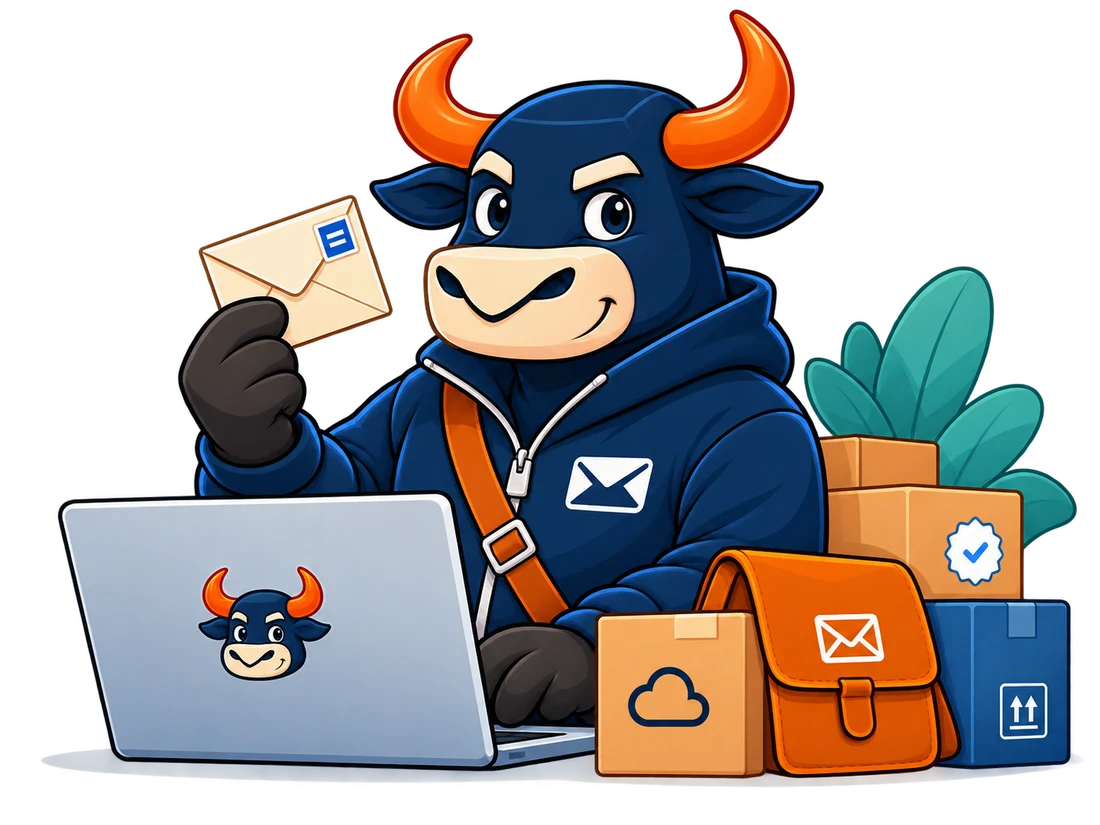 Box Ox with a laptop, envelope, and boxes of developer tools