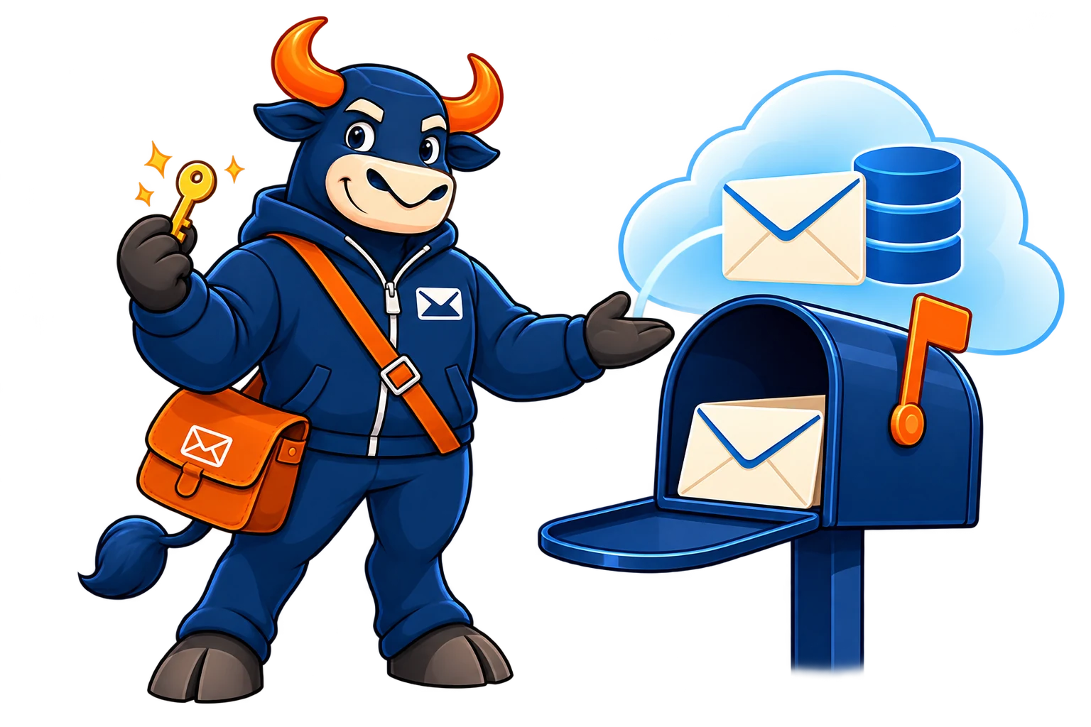 Box Ox holding the key to a mailbox beside mail stored in a cloud