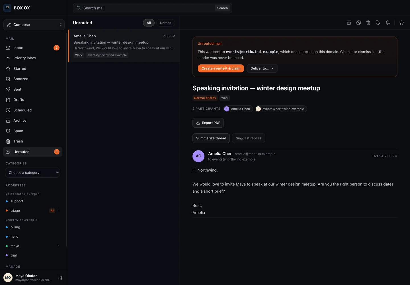 Unrouted mail in the Box Ox desktop app