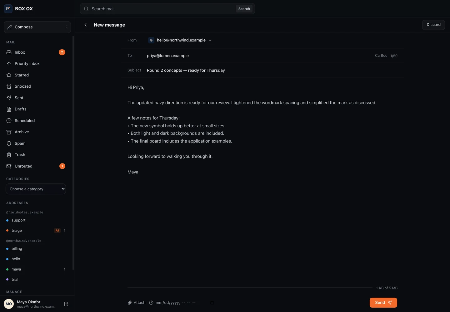 Compose a message in the Box Ox desktop app