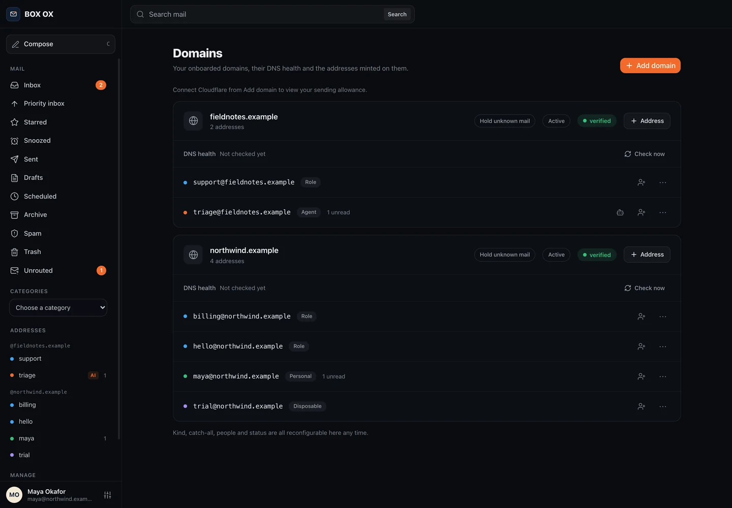 Domains and addresses in the Box Ox desktop app