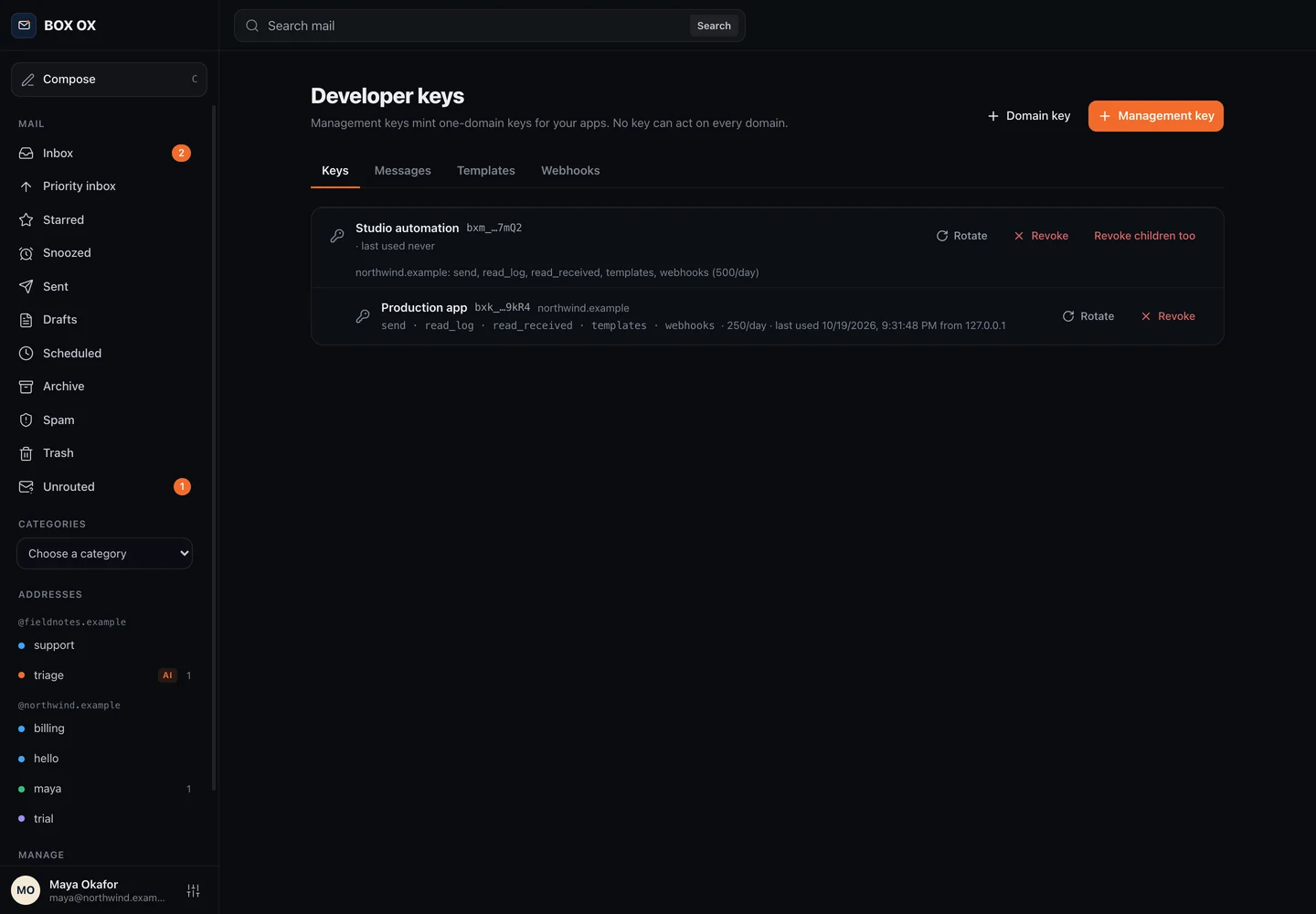 Developer keys in the Box Ox desktop app