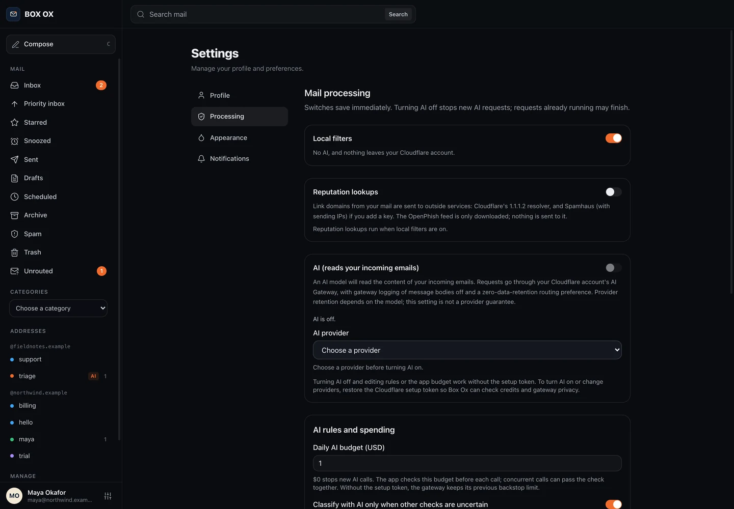 Mail processing in the Box Ox desktop app
