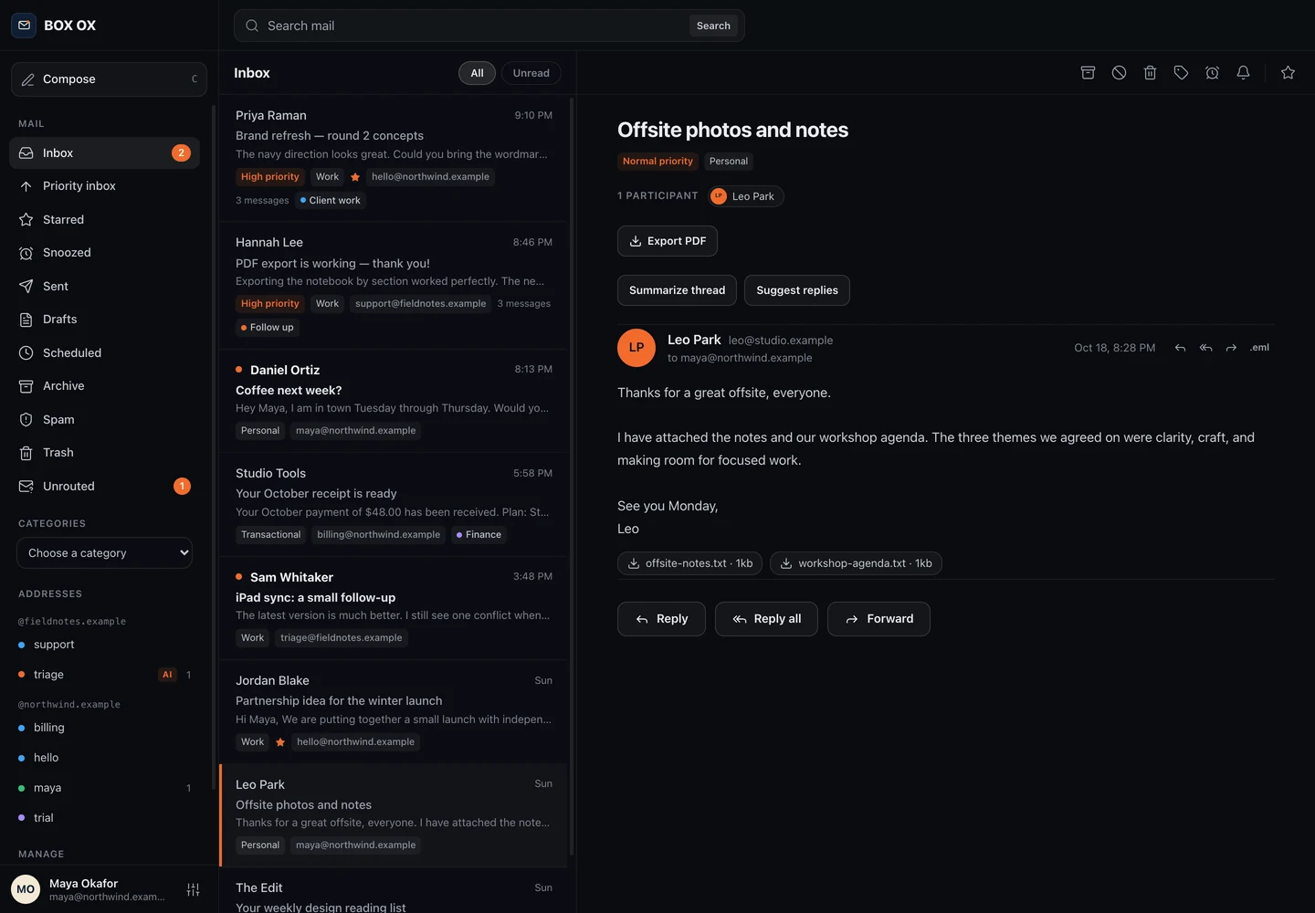 Messages with attachments in the Box Ox desktop app